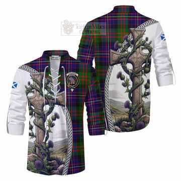 Chalmers Tartan Ghillie Kilt Shirt with Family Crest and St. Andrew's Cross Accented by Thistle Vines Men - Tartan Vibes Clothing