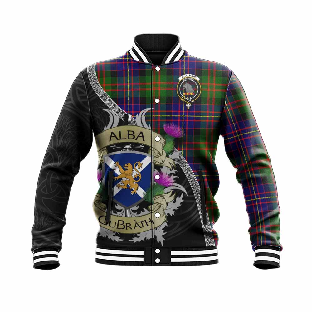 Chalmers Tartan Family Crest Baseball Jacket Lion Rampant Royal Thistle Shield Celtic Inspired Unisex - Tartan Vibes Clothing