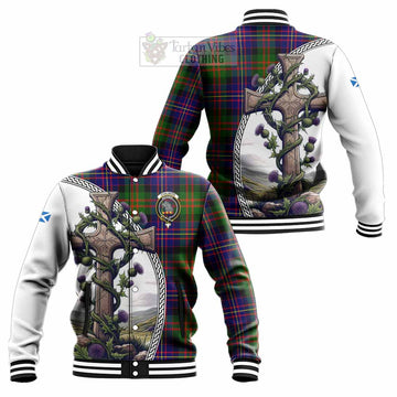 Chalmers Tartan Baseball Jacket with Family Crest and St. Andrew's Cross Accented by Thistle Vines Unisex - Tartan Vibes Clothing