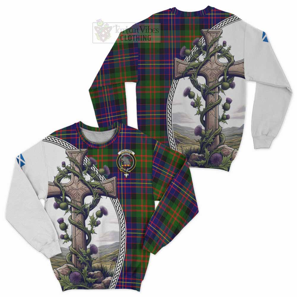 Chalmers Tartan Sweatshirt with Family Crest and St. Andrew's Cross Accented by Thistle Vines Unisex - Tartan Vibes Clothing