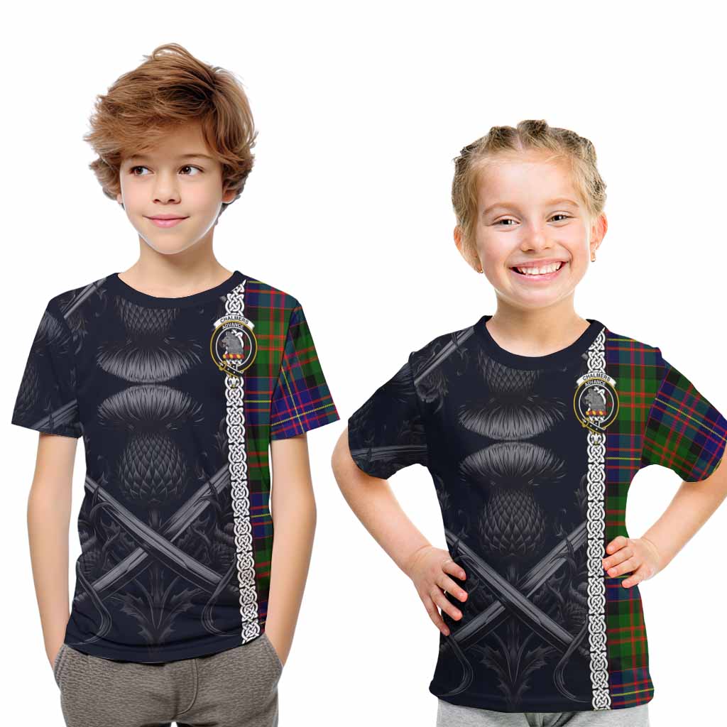 Chalmers Tartan Kid T-Shirt with Family Crest Cross Sword Thistle Celtic Vibes Youth XL Size14 - Tartan Vibes Clothing