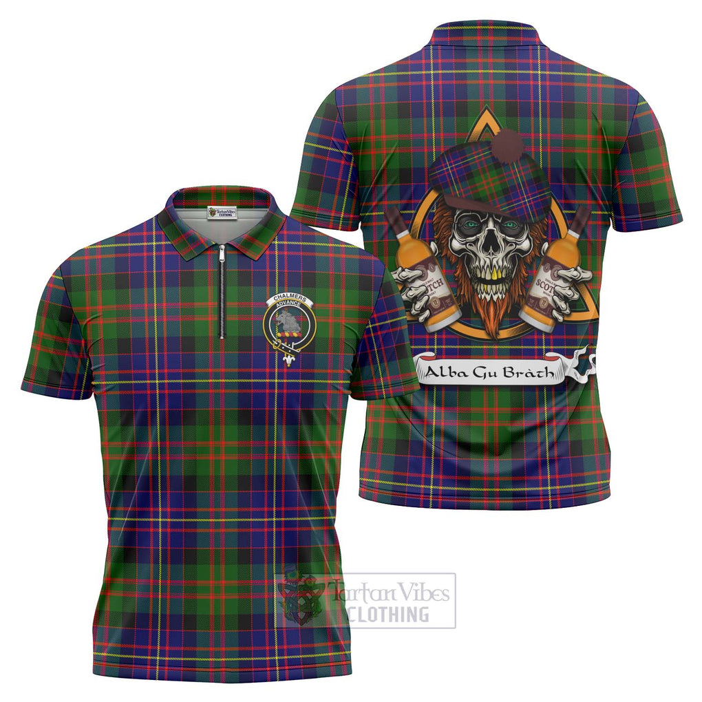 Tartan Vibes Clothing Chalmers Tartan Zipper Polo Shirt with Family Crest and Bearded Skull Holding Bottles of Whiskey