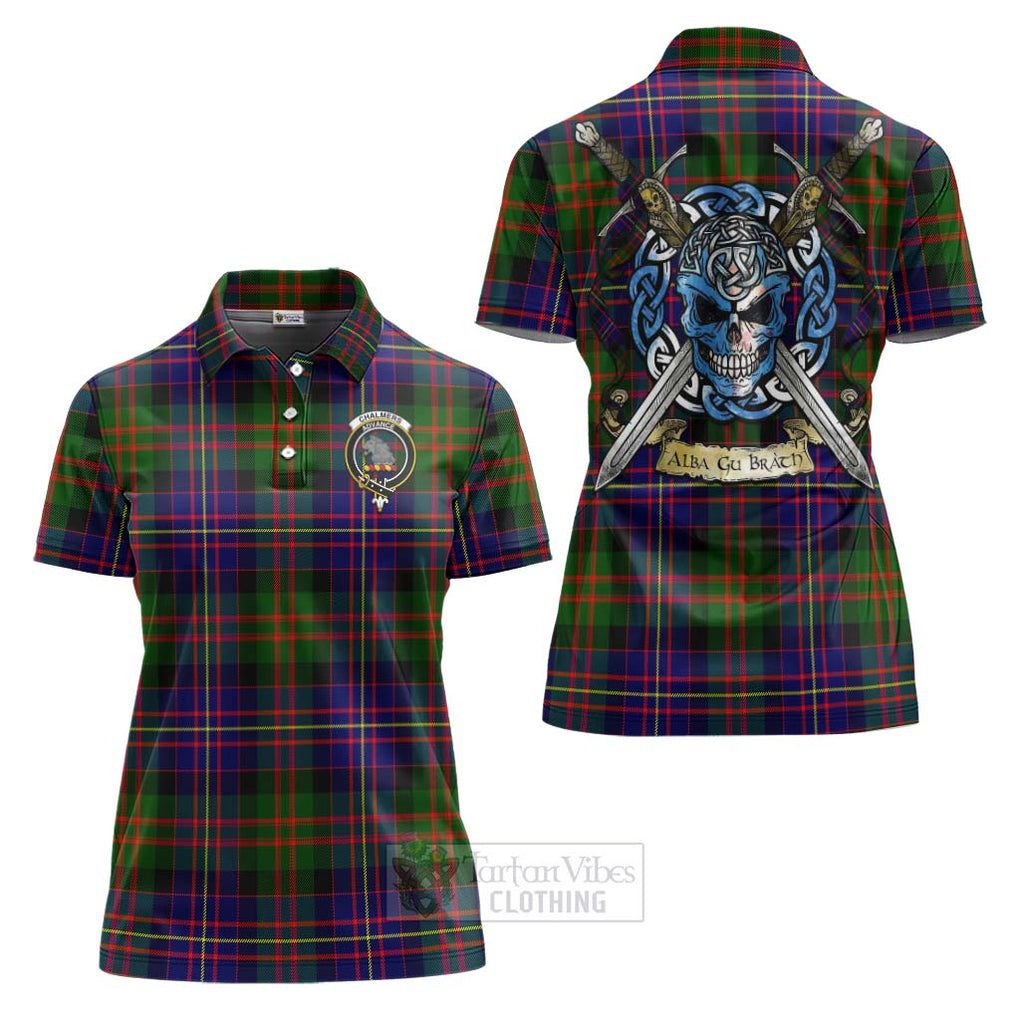 Tartan Vibes Clothing Chalmers Tartan Women's Polo Shirt with Family Crest Celtic Skull Style