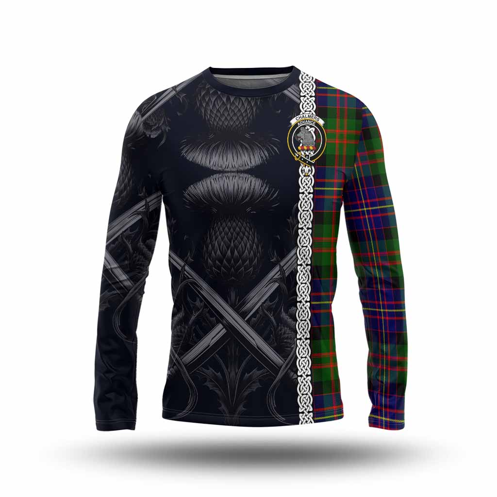 Chalmers Tartan Long Sleeve T-Shirt with Family Crest Cross Sword Thistle Celtic Vibes Unisex - Tartan Vibes Clothing