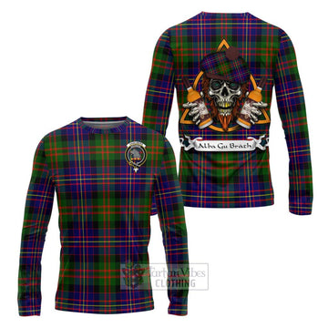 Chalmers Tartan Long Sleeve T-Shirt with Family Crest and Bearded Skull Holding Bottles of Whiskey Unisex - Tartan Vibes Clothing