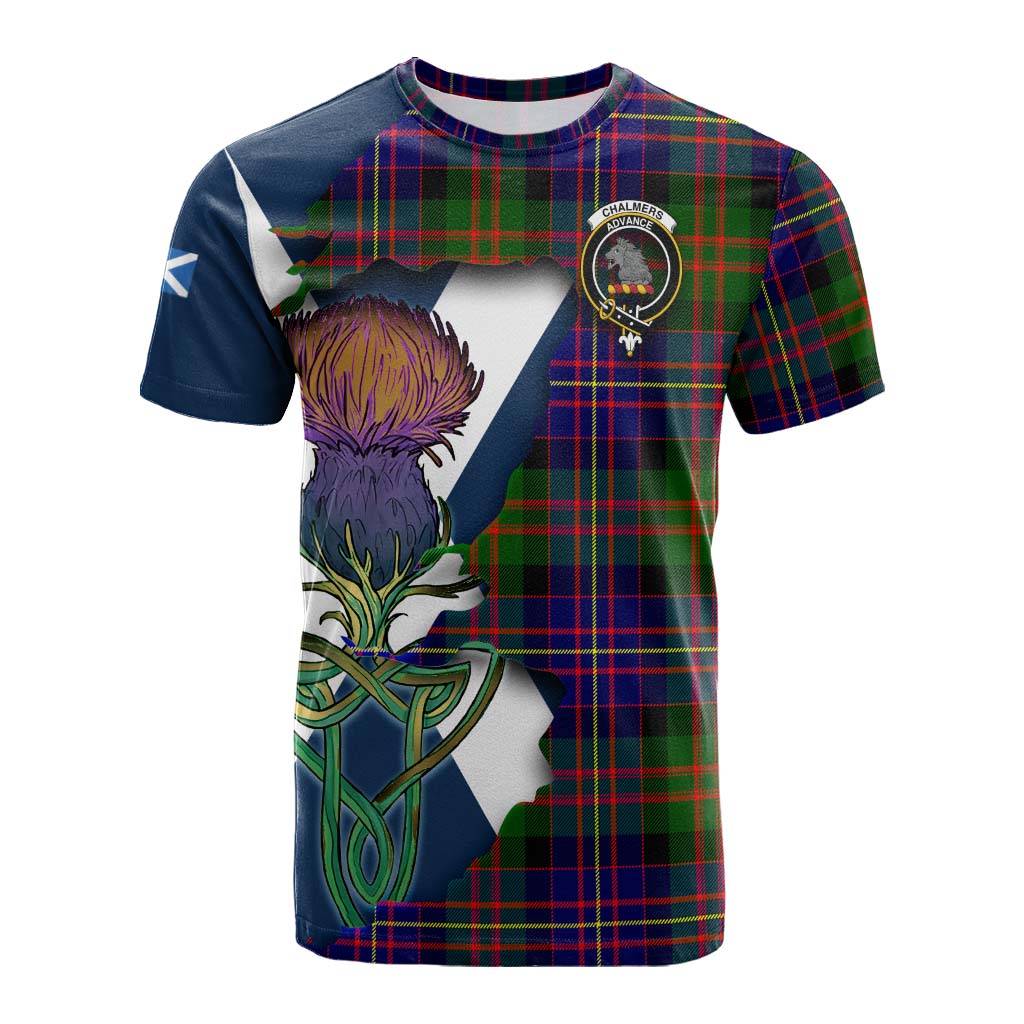 Tartan Vibes Clothing Chalmers Tartan Family Crest Cotton T-shirt Scottish Thistle Celtic Inspired
