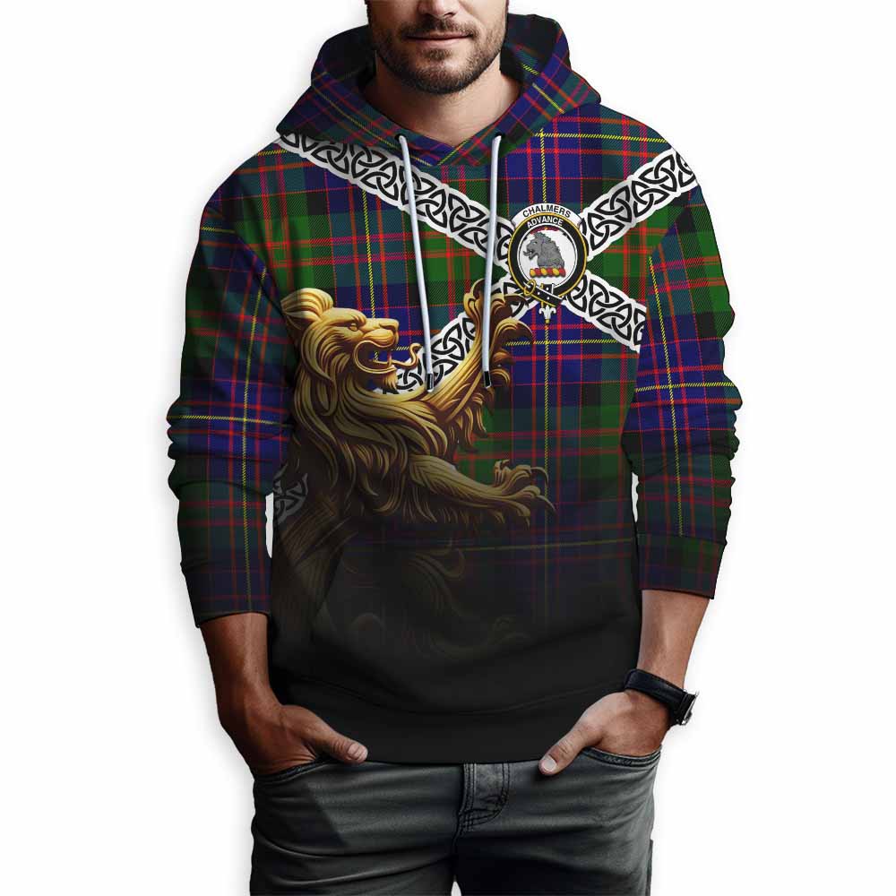 Tartan Vibes Clothing Chalmers Crest Tartan Hoodie with Golden Lion Emblem Celtic Style
