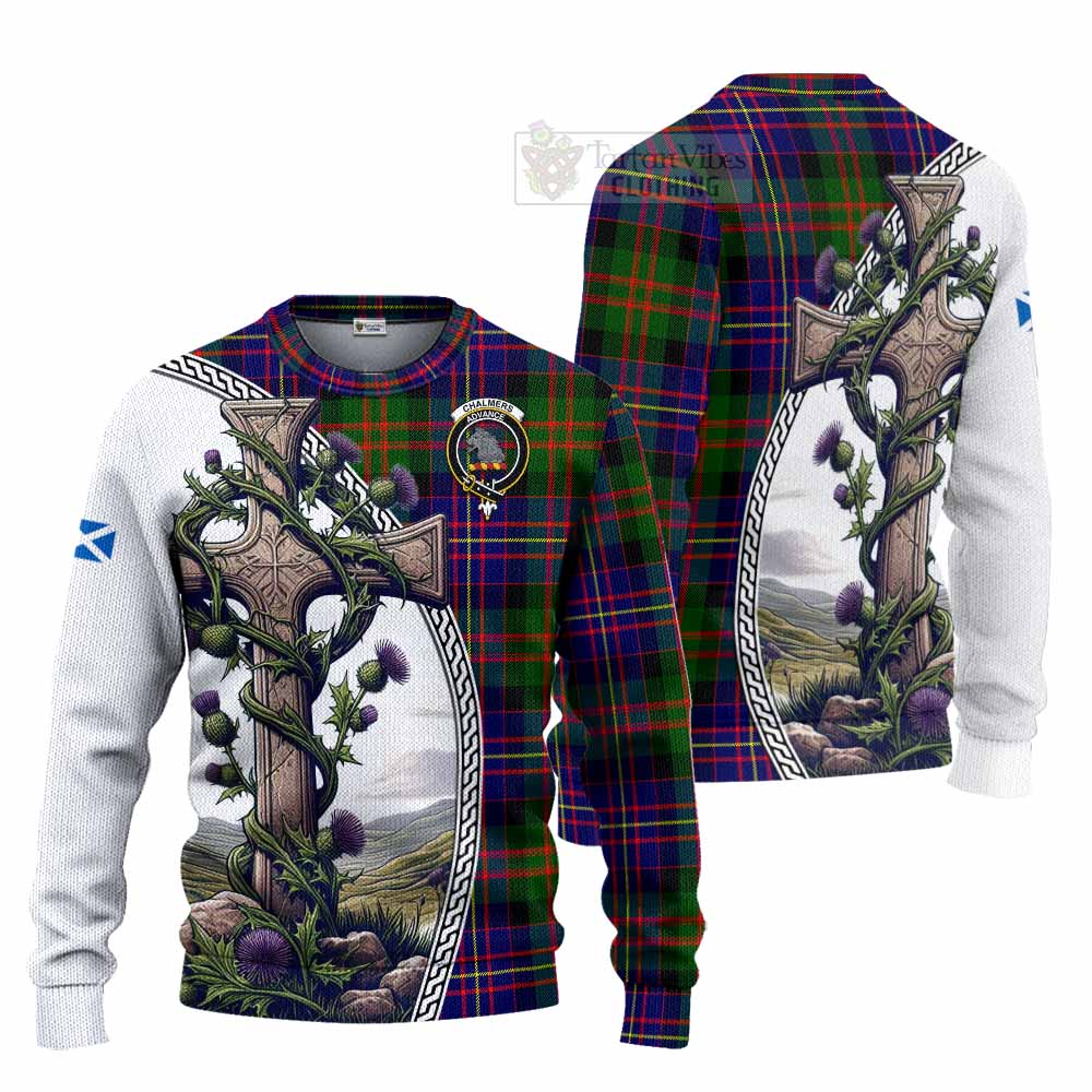 Chalmers Tartan Knitted Sweater with Family Crest and St. Andrew's Cross Accented by Thistle Vines Unisex - Tartan Vibes Clothing