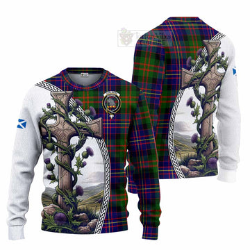 Chalmers Tartan Knitted Sweater with Family Crest and St. Andrew's Cross Accented by Thistle Vines Unisex - Tartan Vibes Clothing