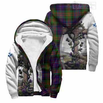 Chalmers Tartan Sherpa Hoodie with Family Crest and St. Andrew's Cross Accented by Thistle Vines Unisex S - Tartan Vibes Clothing