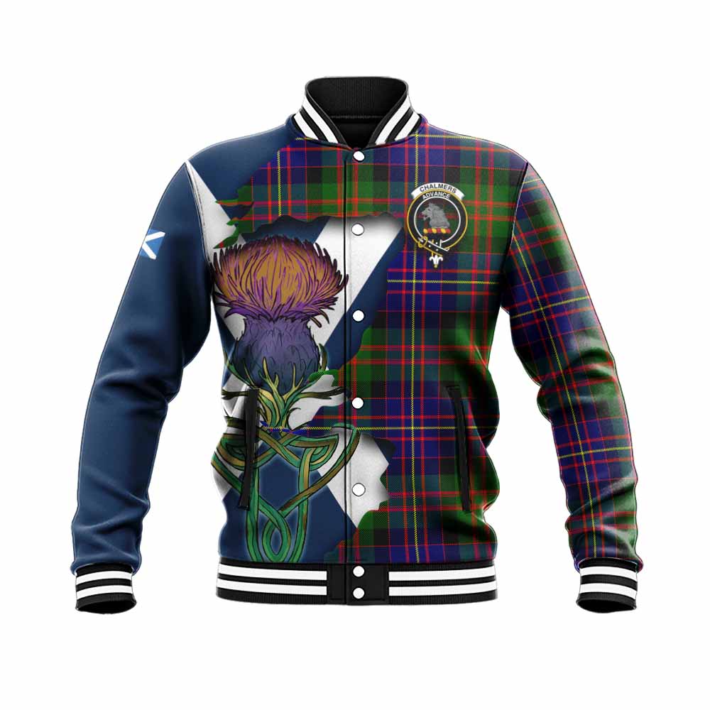 Chalmers Tartan Family Crest Baseball Jacket Scottish Thistle Celtic Inspired Unisex - Tartan Vibes Clothing