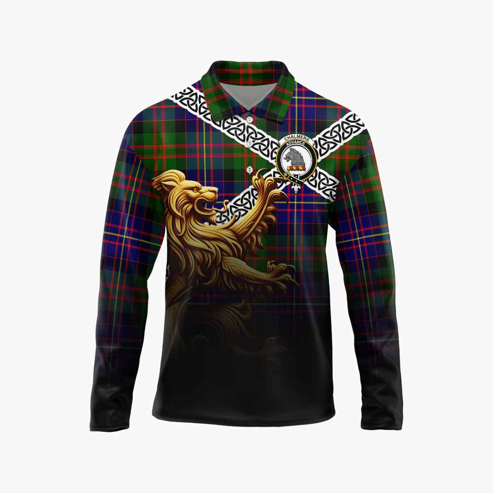 Chalmers Crest Tartan Long Sleeve Polo Shirt with Golden Lion Emblem Celtic Style Unisex - Tartan Vibes Clothing