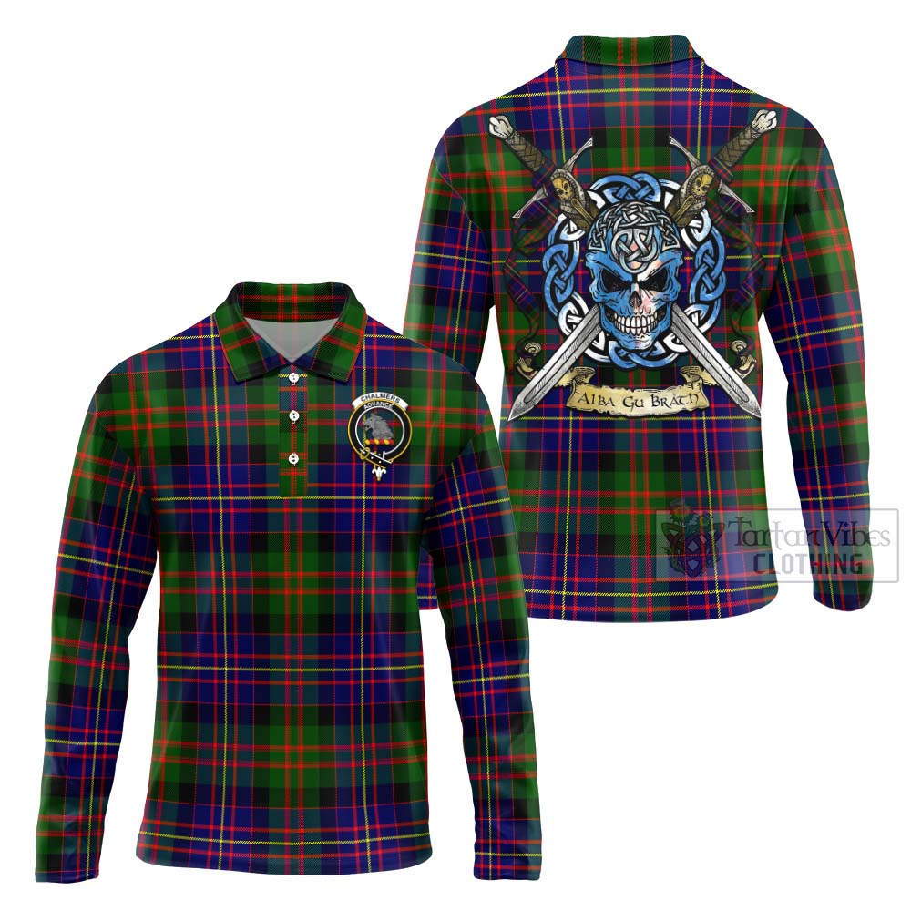 Chalmers Tartan Long Sleeve Polo Shirt with Family Crest Celtic Skull Style Unisex - Tartan Vibes Clothing