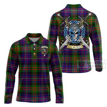 Chalmers Tartan Long Sleeve Polo Shirt with Family Crest Celtic Skull Style Unisex - Tartan Vibes Clothing