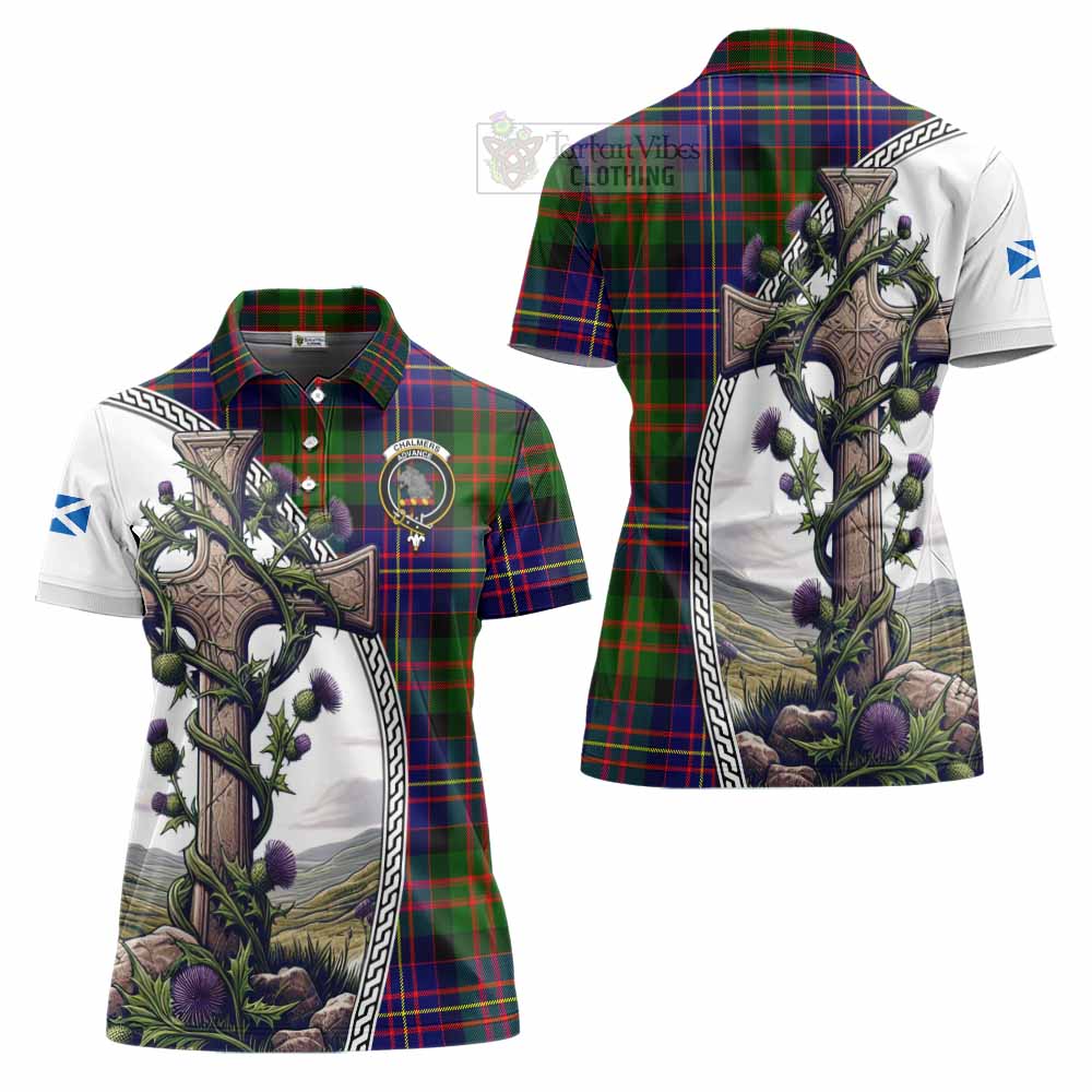 Tartan Vibes Clothing Chalmers Tartan Women's Polo Shirt with Family Crest and St. Andrew's Cross Accented by Thistle Vines