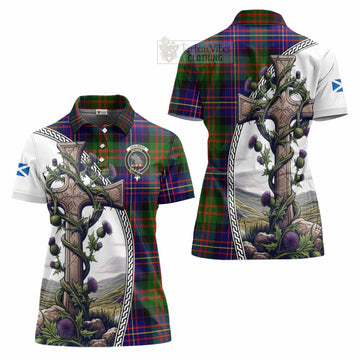 Chalmers Tartan Women's Polo Shirt with Family Crest and St. Andrew's Cross Accented by Thistle Vines
