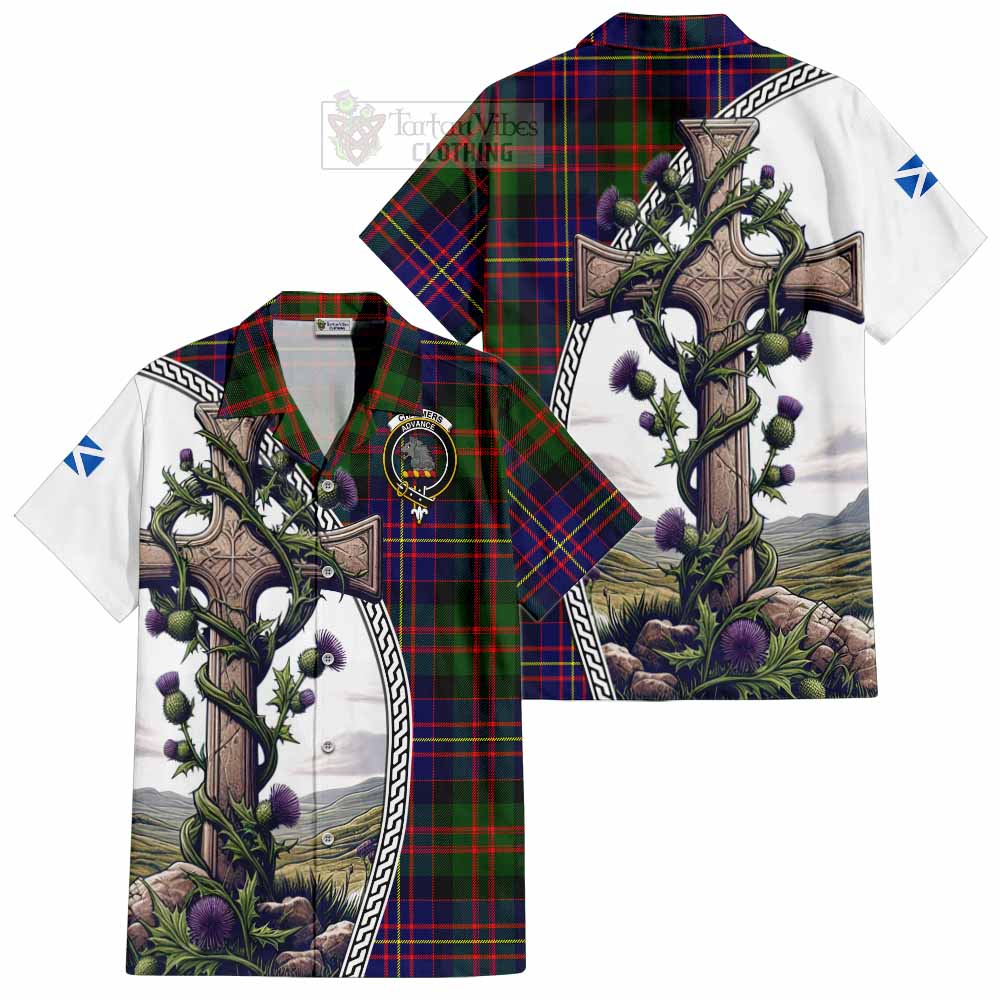 Chalmers Tartan Hawaiian Shirt with Family Crest and St. Andrew's Cross Accented by Thistle Vines Kid - Tartan Vibes Clothing