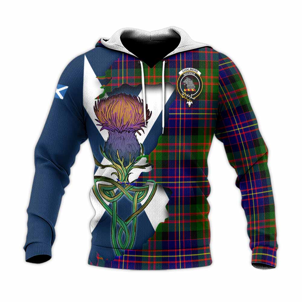 Chalmers Tartan Family Crest Knitted Hoodie Scottish Thistle Celtic Inspired Unisex Knitted Pullover Hoodie - Tartan Vibes Clothing