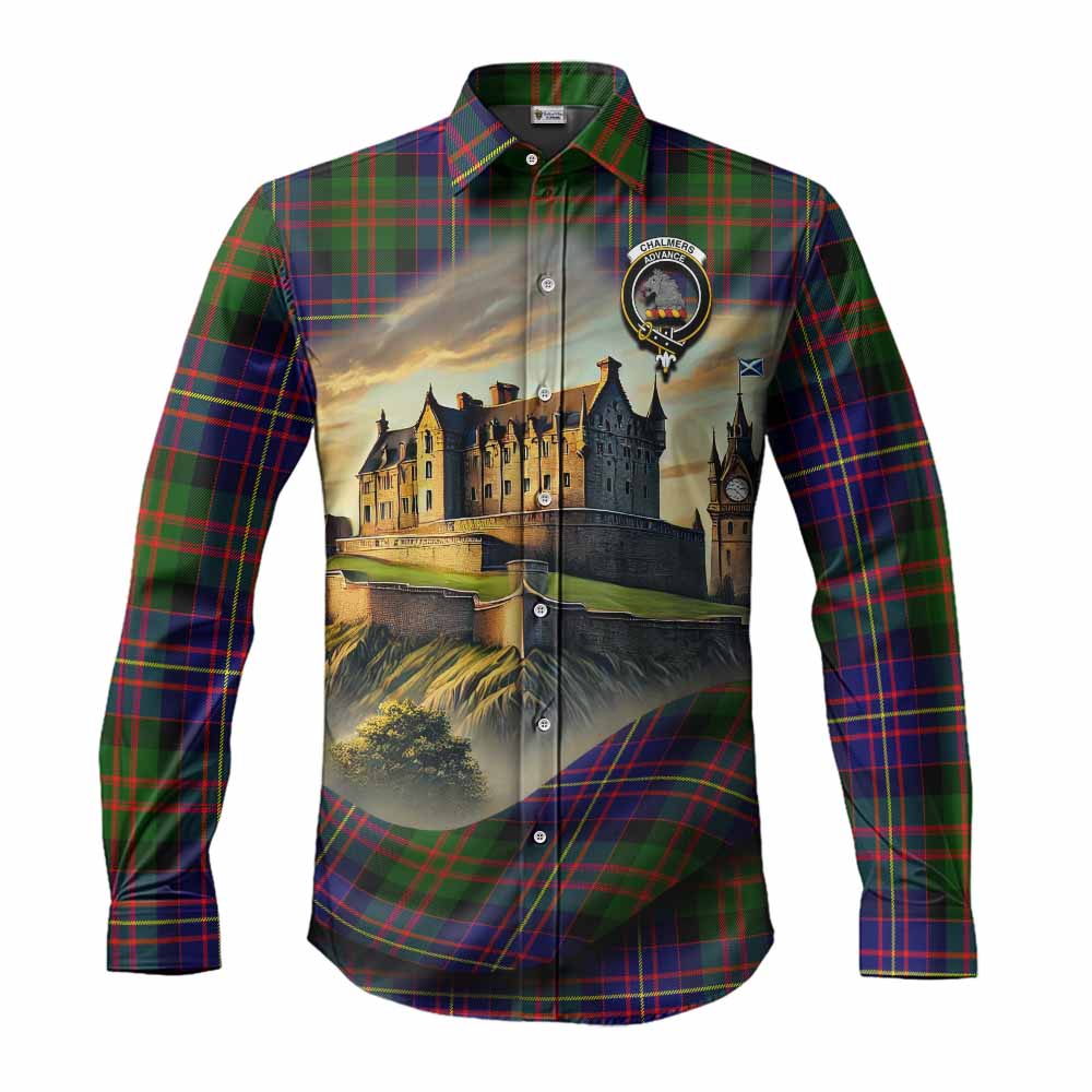 Tartan Vibes Clothing Chalmers Tartan Family Crest Long Sleeve Button Shirt with Scottish Ancient Castle Style