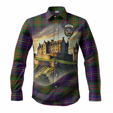 Tartan Vibes Clothing Chalmers Tartan Family Crest Long Sleeve Button Shirt with Scottish Ancient Castle Style