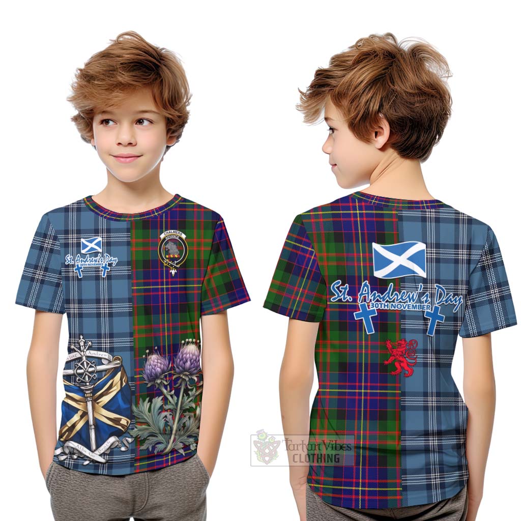 Chalmers Tartan Kid T-Shirt Happy St. Andrew's Day Half Tartan Style Youth XL Size14 - Tartan Vibes Clothing