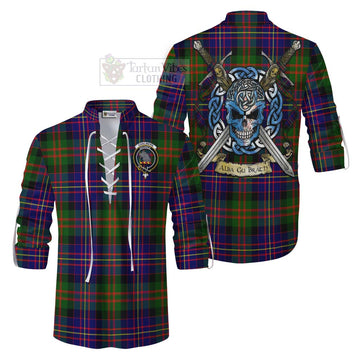 Chalmers Tartan Ghillie Kilt Shirt with Family Crest Celtic Skull Style Men - Tartan Vibes Clothing