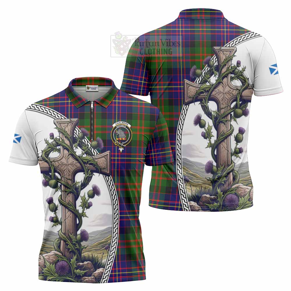 Tartan Vibes Clothing Chalmers Tartan Zipper Polo Shirt with Family Crest and St. Andrew's Cross Accented by Thistle Vines