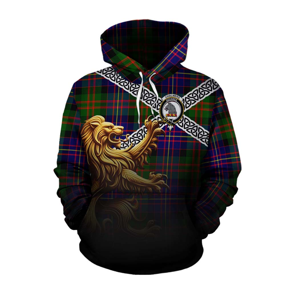 Chalmers Crest Tartan Cotton Hoodie with Golden Lion Emblem Celtic Style Pullover Hoodie XS - Tartan Vibes Clothing