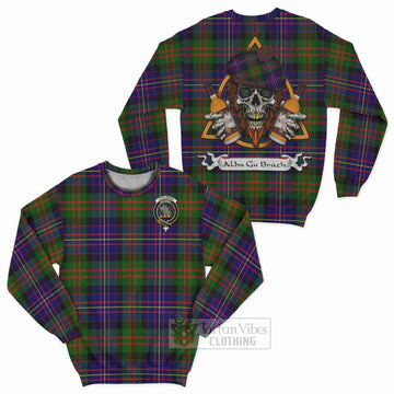 Chalmers Tartan Sweatshirt with Family Crest and Bearded Skull Holding Bottles of Whiskey Unisex - Tartan Vibes Clothing