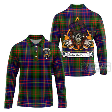 Chalmers Tartan Long Sleeve Polo Shirt with Family Crest and Bearded Skull Holding Bottles of Whiskey Unisex - Tartan Vibes Clothing