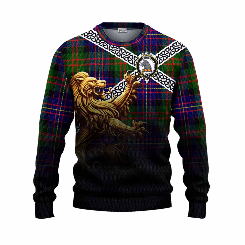 Chalmers Crest Tartan Knitted Sweater with Golden Lion Emblem Celtic Style Unisex - Tartan Vibes Clothing