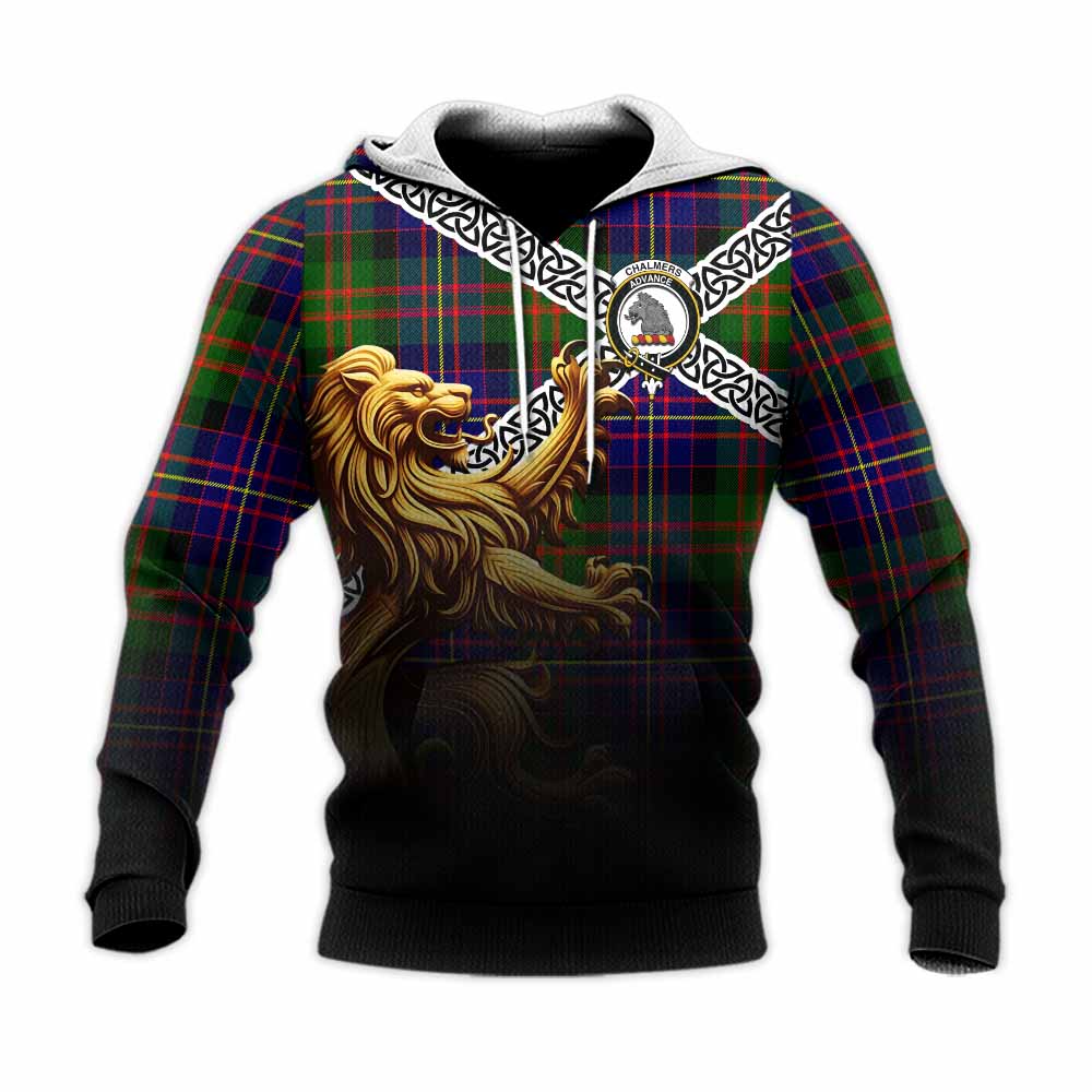 Chalmers Crest Tartan Knitted Hoodie with Golden Lion Emblem Celtic Style Unisex Knitted Pullover Hoodie - Tartan Vibes Clothing