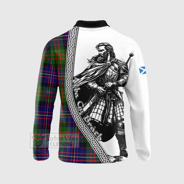 Chalmers Tartan Clan Crest Long Sleeve Polo Shirt with Highlander Warrior Celtic Style - Tartan Vibes Clothing