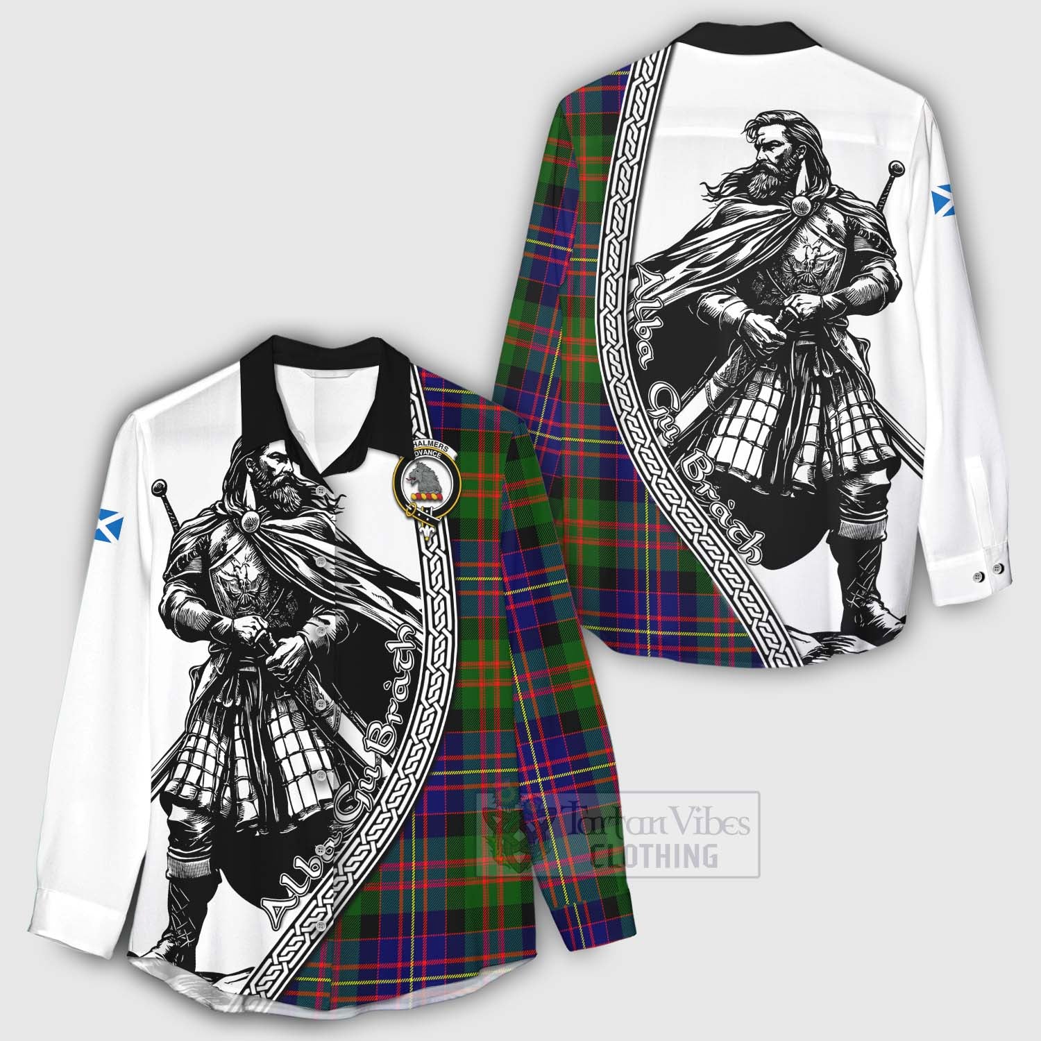 Chalmers Tartan Clan Crest Women's Casual Shirt with Highlander Warrior Celtic Style - Tartan Vibes Clothing