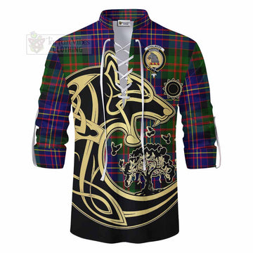 Chalmers Tartan Ghillie Kilt Shirt with Family Crest Celtic Wolf Style - Tartan Vibes Clothing