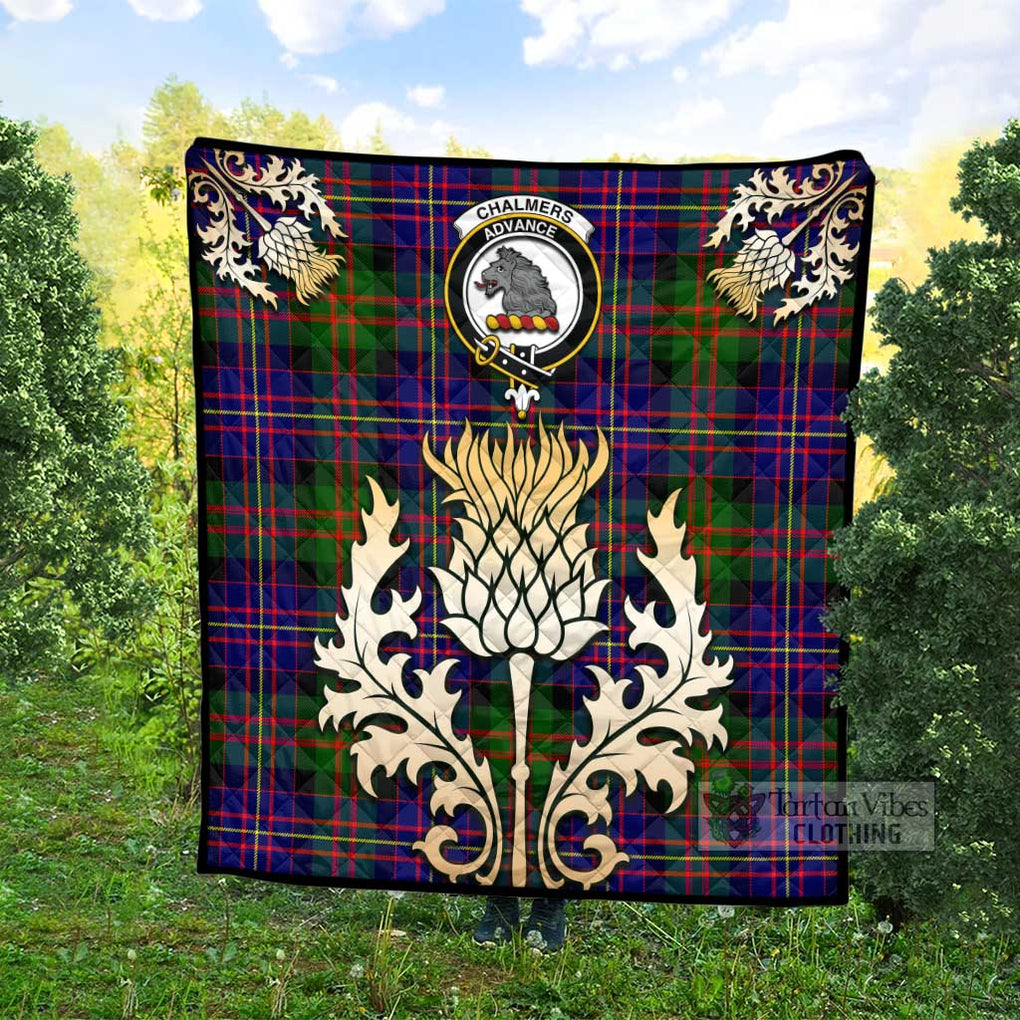 Tartan Vibes Clothing Chalmers Tartan Quilt with Family Crest and Golden Thistle Style