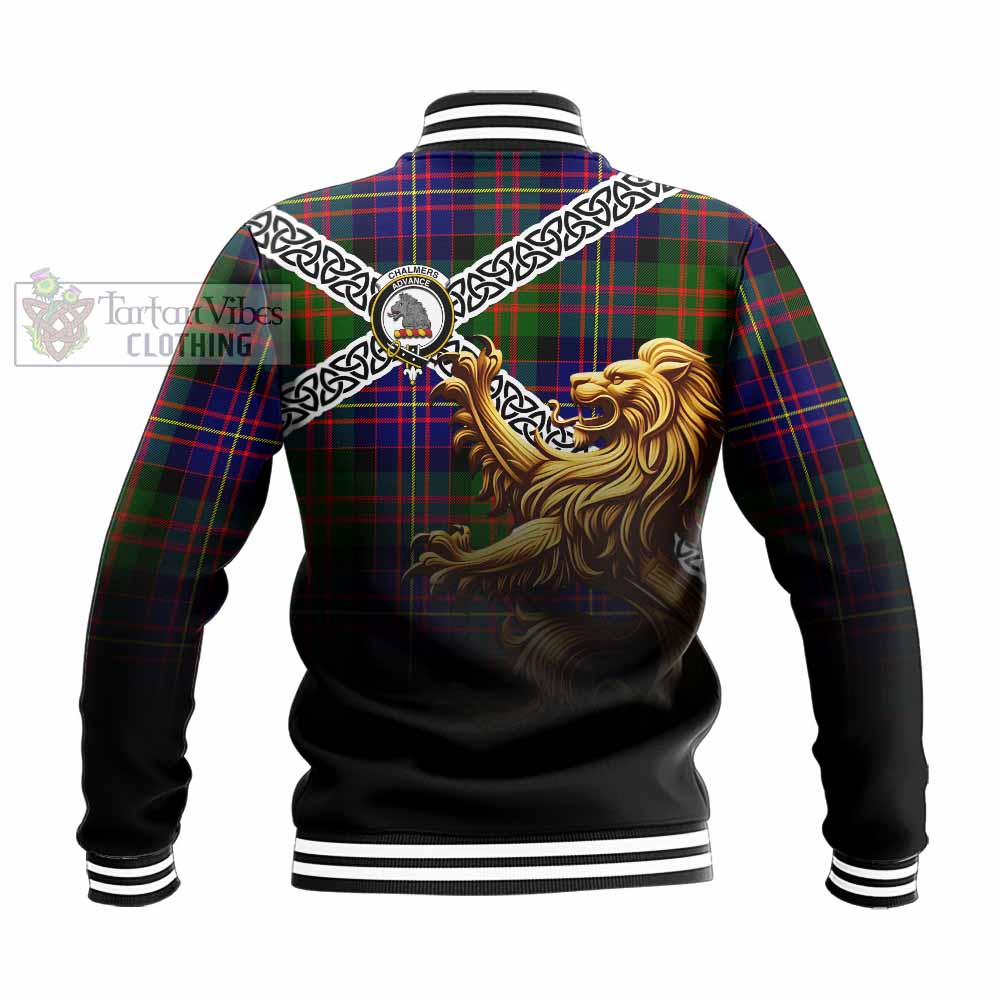 Tartan Vibes Clothing Chalmers Crest Tartan Baseball Jacket with Golden Lion Emblem Celtic Style