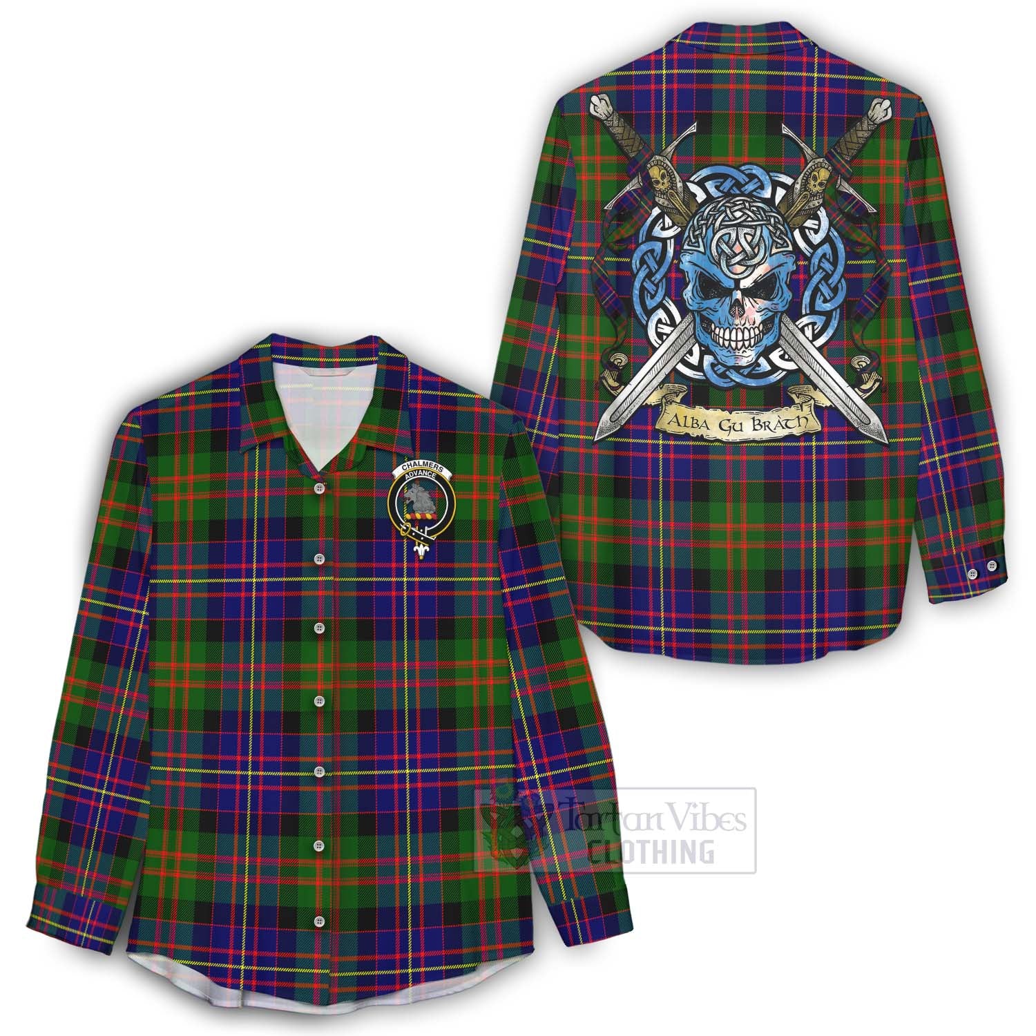 Chalmers Tartan Women's Casual Shirt with Family Crest Celtic Skull Style - Tartan Vibes Clothing