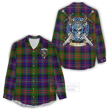 Chalmers Tartan Women's Casual Shirt with Family Crest Celtic Skull Style - Tartan Vibes Clothing