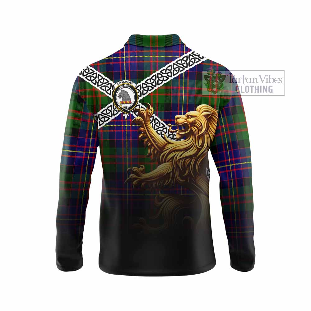 Chalmers Crest Tartan Long Sleeve Polo Shirt with Golden Lion Emblem Celtic Style - Tartan Vibes Clothing