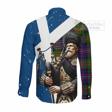 Chalmers Tartan Long Sleeve Button Shirt with Family Crest Scottish Bagpiper Vibes - Tartan Vibes Clothing