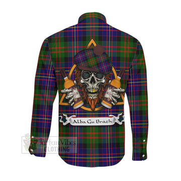 Chalmers Tartan Long Sleeve Button Shirt with Family Crest and Bearded Skull Holding Bottles of Whiskey Men's Shirt - Tartan Vibes Clothing