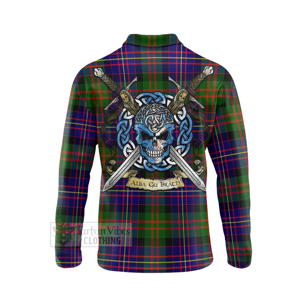 Chalmers Tartan Long Sleeve Polo Shirt with Family Crest Celtic Skull Style - Tartan Vibes Clothing