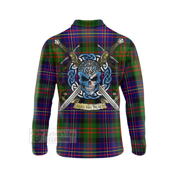 Chalmers Tartan Long Sleeve Polo Shirt with Family Crest Celtic Skull Style - Tartan Vibes Clothing