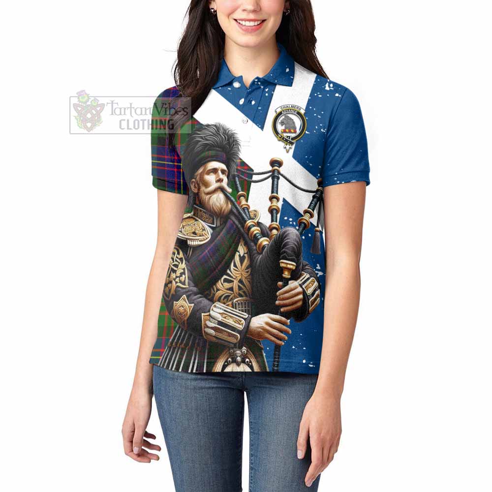 Tartan Vibes Clothing Chalmers Tartan Women's Polo Shirt with Family Crest Scottish Bagpiper Vibes
