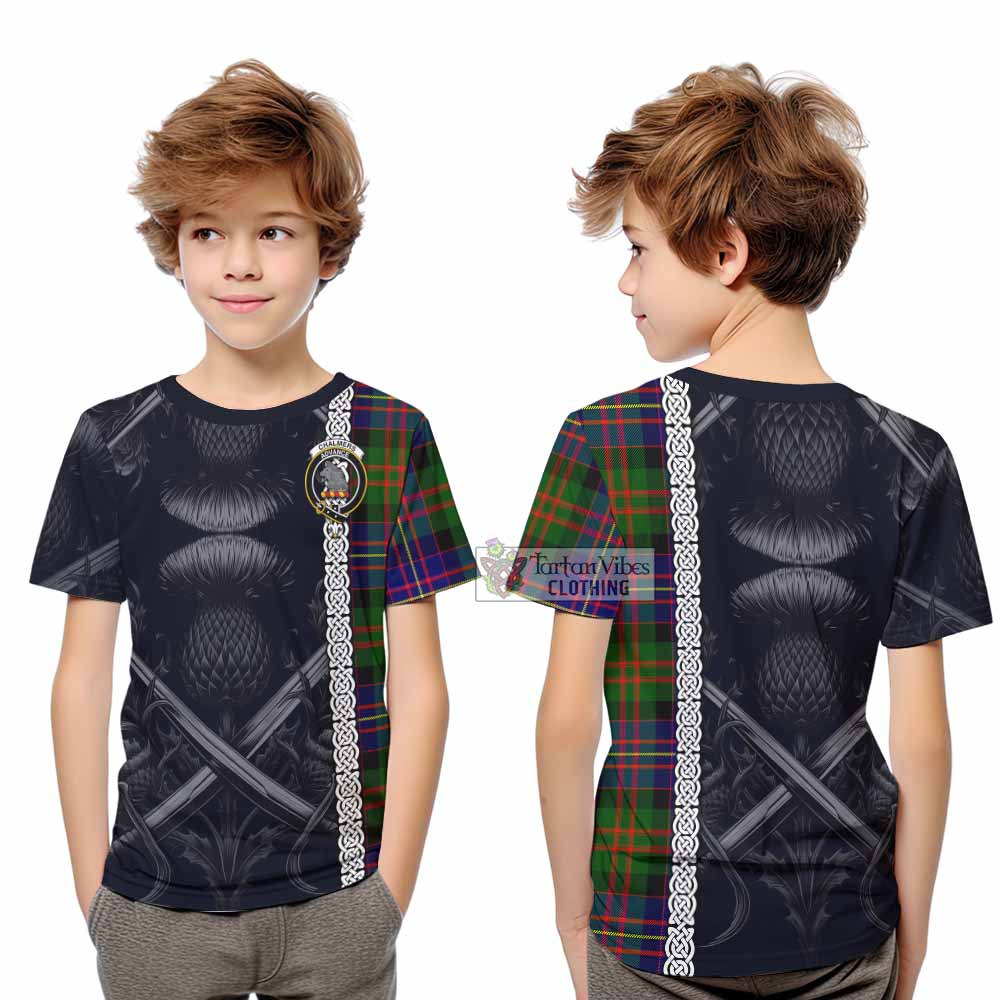 Chalmers Tartan Kid T-Shirt with Family Crest Cross Sword Thistle Celtic Vibes - Tartan Vibes Clothing