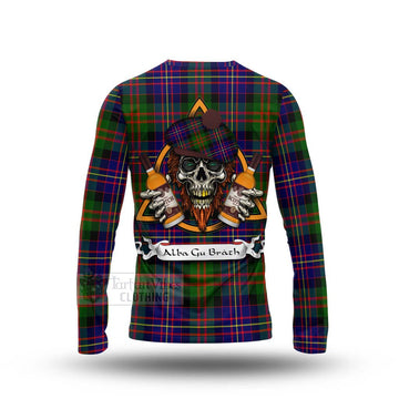 Chalmers Tartan Long Sleeve T-Shirt with Family Crest and Bearded Skull Holding Bottles of Whiskey - Tartan Vibes Clothing