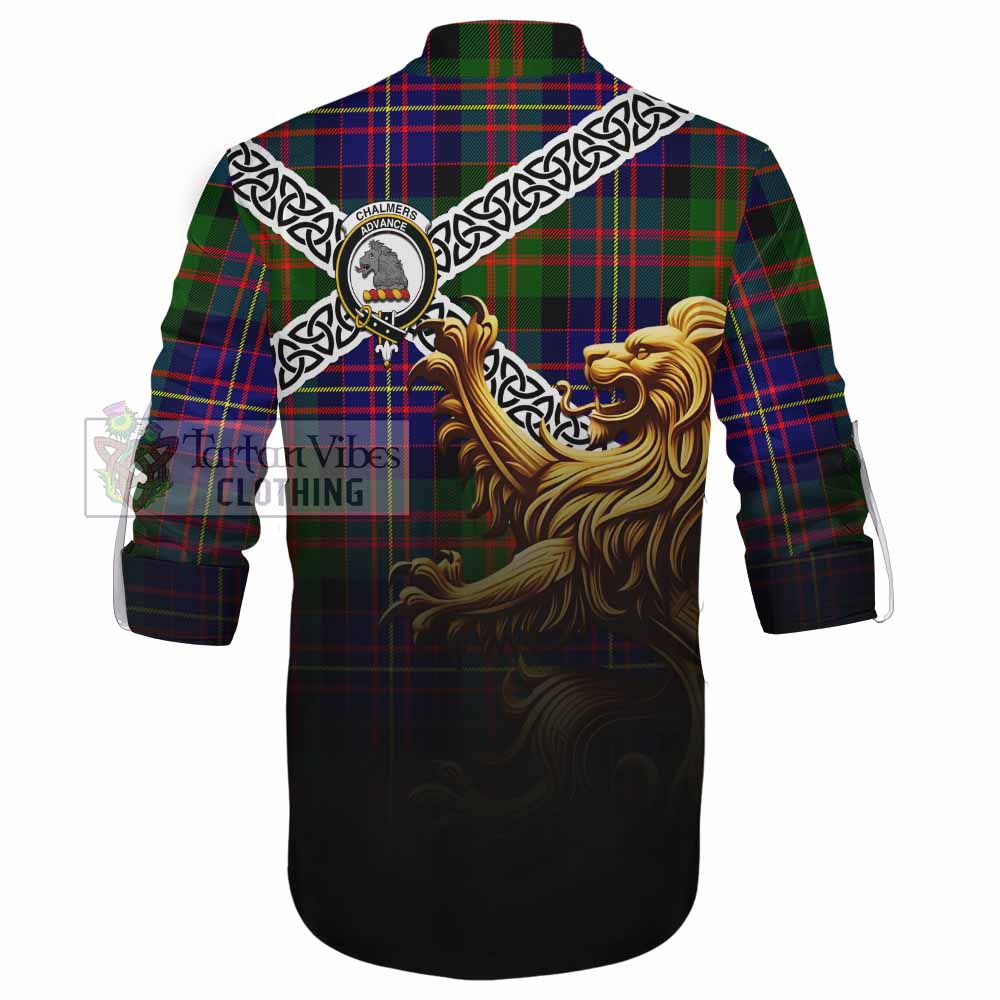 Tartan Vibes Clothing Chalmers Crest Tartan Ghillie Kilt Shirt with Golden Lion Emblem Celtic Style