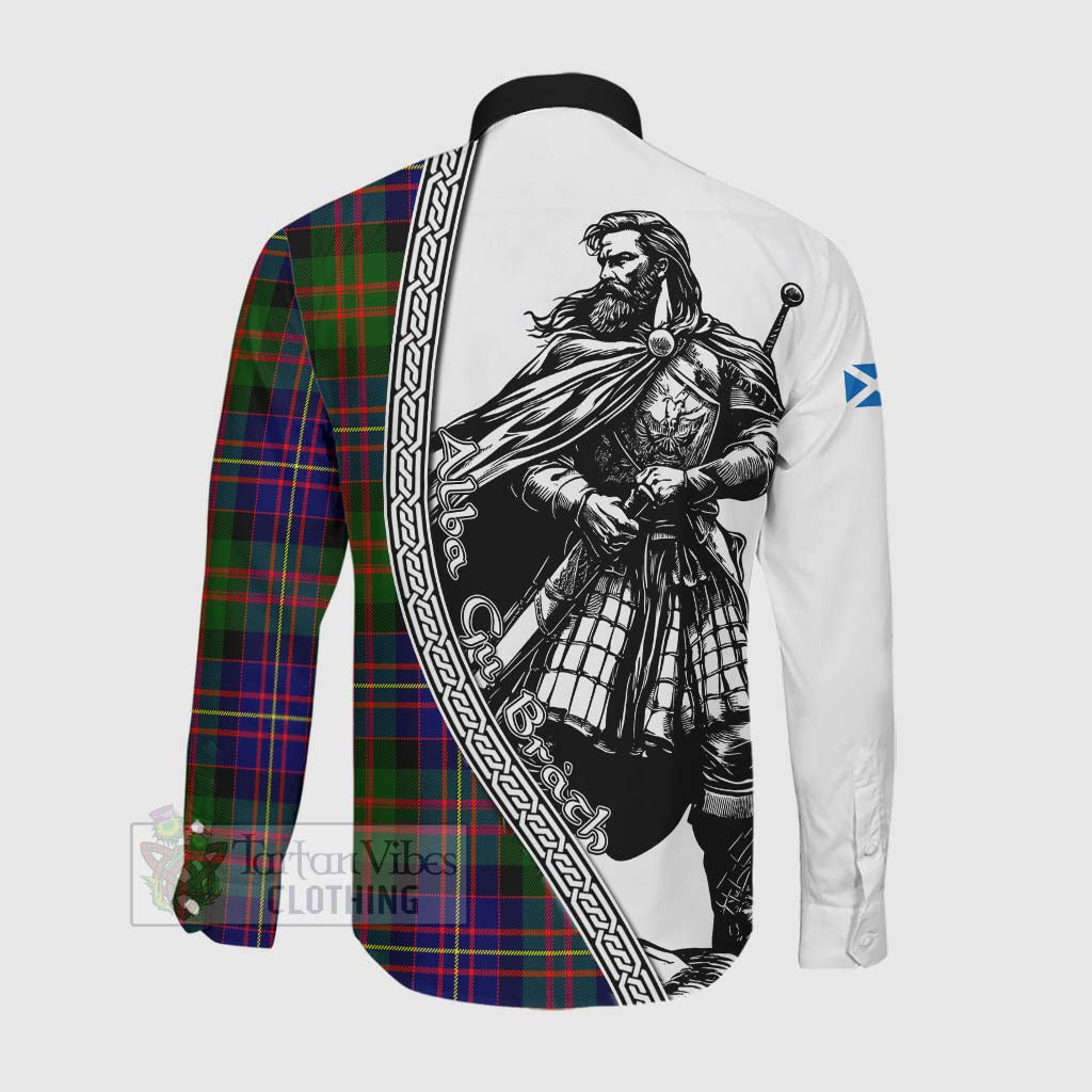 Chalmers Tartan Clan Crest Long Sleeve Button Shirt with Highlander Warrior Celtic Style Men's Shirt - Tartan Vibes Clothing