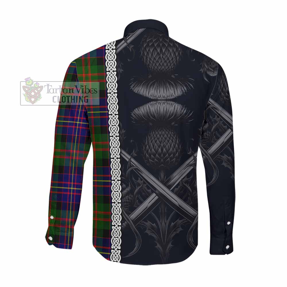Tartan Vibes Clothing Chalmers Tartan Long Sleeve Button Shirt with Family Crest Cross Sword Thistle Celtic Vibes
